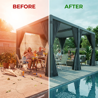 12X20 Louvered Pergola,Dark Grey Aluminum Frame with Adjustable Rainproof Roof, Featuring Waterproof Curtains and Nets — Before & After