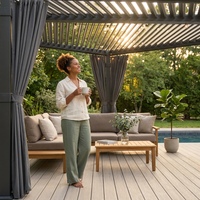 12X20 Louvered Pergola,Dark Grey Aluminum Frame with Adjustable Rainproof Roof, Featuring Waterproof Curtains and Nets — Lifestyle