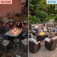 9-Piece Outdoor Patio Furniture Set with Fire Pit Table,Swivel Chairs and 6" Thick Cushions,Sectional Sofa and Ottomans,Patio Conversation Set for Porch Deck Garden Backyard — Before & After