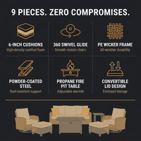 9-Piece Outdoor Patio Furniture Set with Fire Pit Table,Swivel Chairs and 6" Thick Cushions,Sectional Sofa and Ottomans,Patio Conversation Set for Porch Deck Garden Backyard — Results & Stats