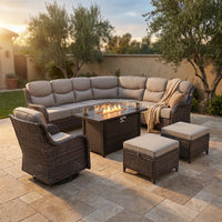 9-Piece Outdoor Patio Furniture Set with Fire Pit Table,Swivel Chairs and 6" Thick Cushions,Sectional Sofa and Ottomans,Patio Conversation Set for Porch Deck Garden Backyard — Studio Shot