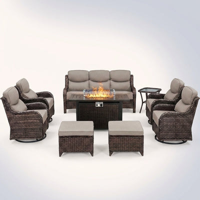 Outdoor Patio Furniture Set Built for All-Weather Living, 9-Piece Configuration, Fire Pit Table, 6-Inch Cushions