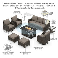9-Piece Outdoor Patio Furniture Set with Fire Pit Table,Swivel Chairs and 6" Thick Cushions,Sectional Sofa and Ottomans,Patio Conversation Set for Porch Deck Garden Backyard — How It Works