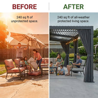 Aluminum Pergola Built for All-Weather Protection, 12X20 Louvered Roof, Waterproof Curtains, 240 sq ft Coverage — Before & After