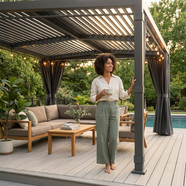 Aluminum Pergola Built for All-Weather Protection, 12X20 Louvered Roof, Waterproof Curtains, 240 sq ft Coverage