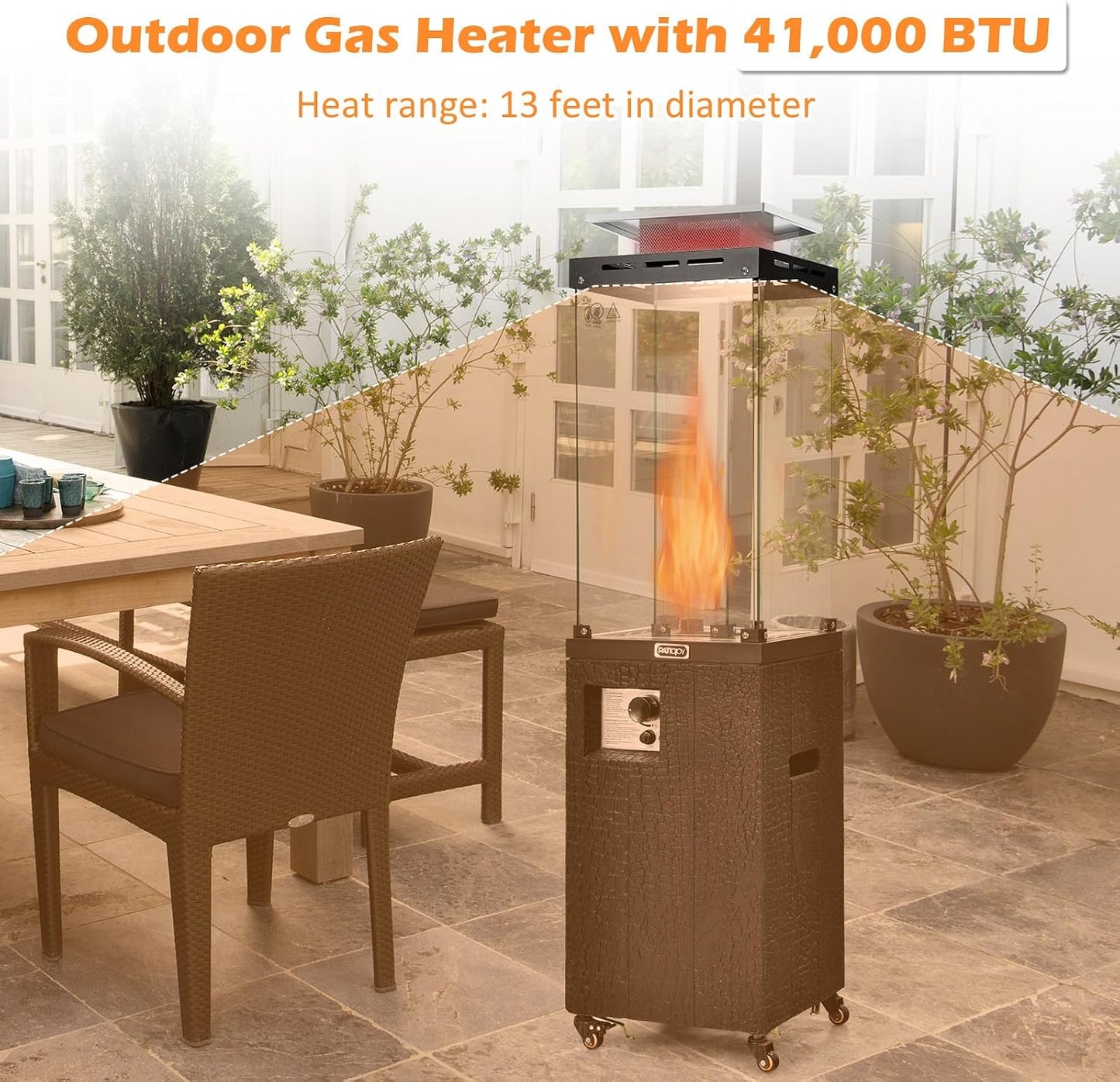 41,000 BTU Propane Patio Heater with Waterproof Cover, Outdoor Heater with Lockable Wheels, Adjustable Feet, Tempered Glass Tube, Suitable for Garden Porch Patio Deck (Black)